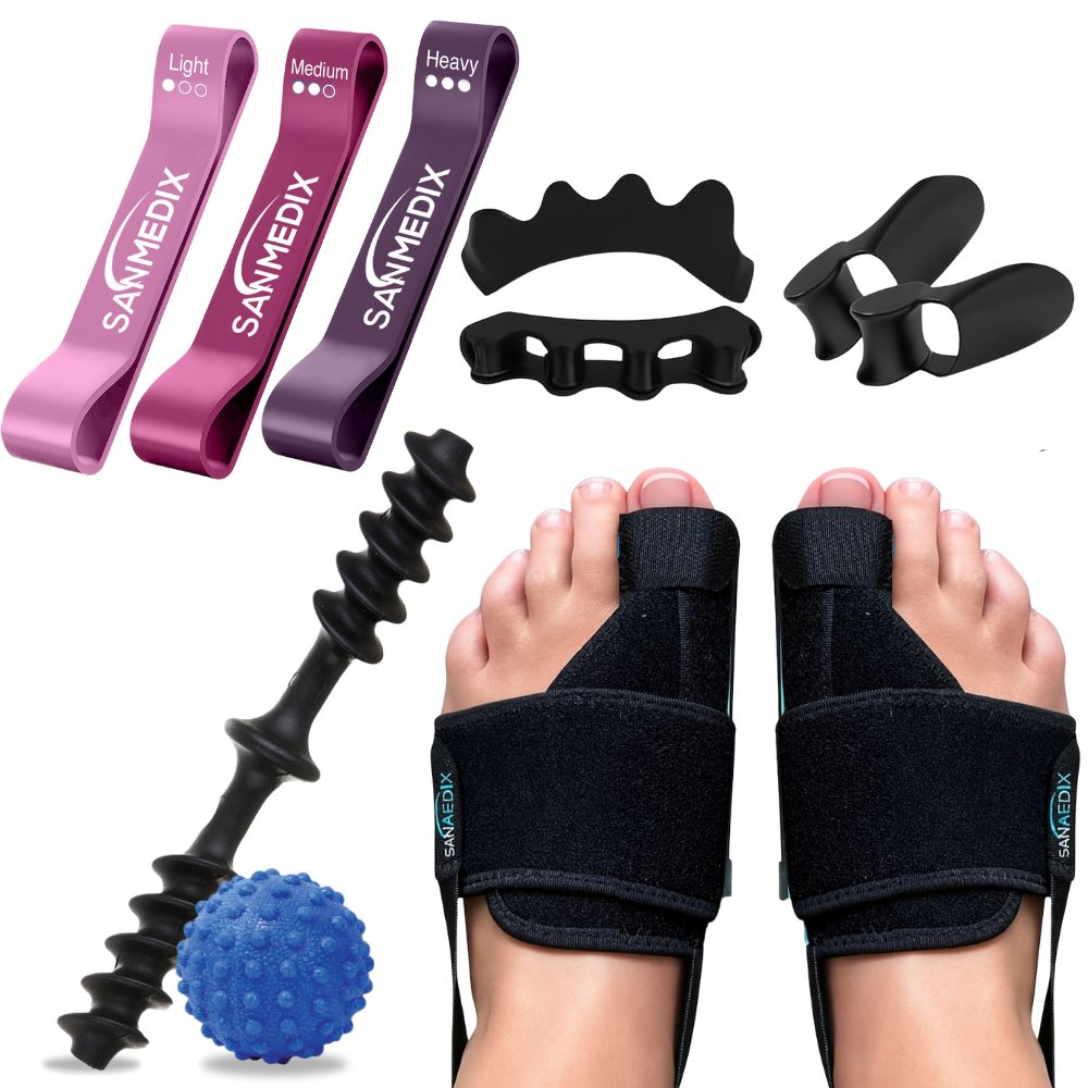 Hallux-Care Komplettset – Schiene, Zehenspreizer, Trainingsband & Fußroller